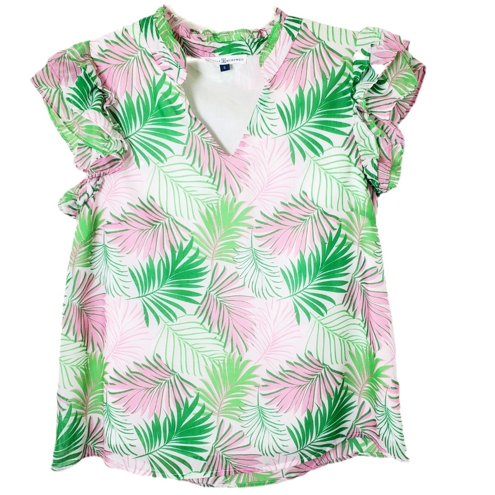 Michelle McDowell Marley Pink & Green Tropical Palm Leaf Print Ruffle Sleeve Top